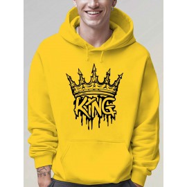 Men'S Casual King Crown Print Hoodie, 100% Polyester Long Sleeve Sweatshirt, Winter Knit Fabric with Slight Stretch, Regular Fit Hooded Top, 200g/m² - Trendy American Style Clothing Gift