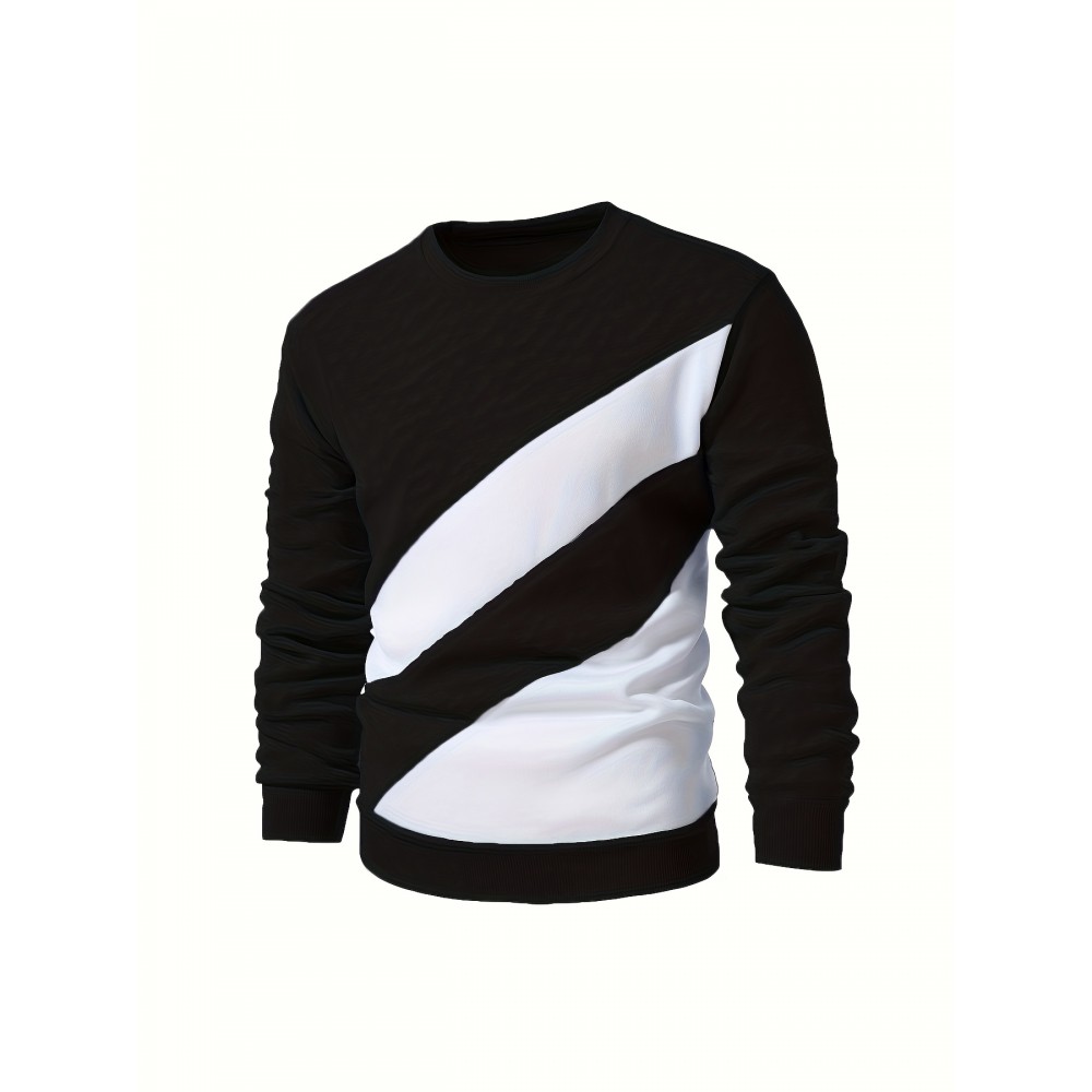 [Casual Geometric Stripe] Men's Casual Geometric Stripe Sweatshirt | Black & White Crew Neck Pullover | Comfortable Knit Fabric | Long Sleeve Hoodie