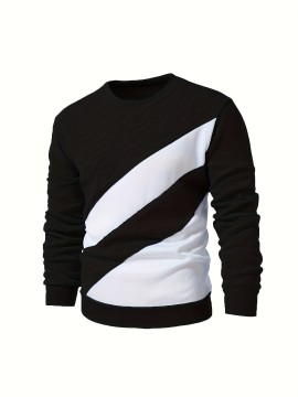 [Casual Geometric Stripe] Men's Casual Geometric Stripe Sweatshirt | Black & White Crew Neck Pullover | Comfortable Knit Fabric | Long Sleeve Hoodie