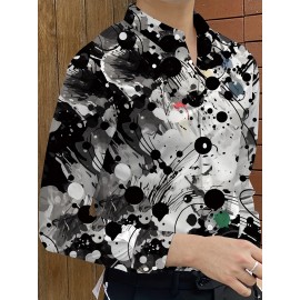 [Elegant Style] Men's Formal Dress Shirt - Sleek White with Modern Black & Gray Abstract Print, Polyester Blend, Non-Stretch, Button-Up with Lapel Collar, Ideal for All Seasons, Formal Attire|Classic Buttonup|Sleek Tailored Fit