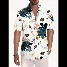 Men'S Floral Print Short Sleeve Shirt - 3D Print Blue, Orange & Brown Flowers & Leaves, Casual Summer Style with Button-Up Collar, Lightweight Polyester Fabric for Casual Attire, Floral Shirt