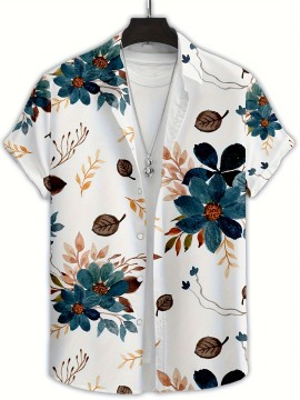 Men'S Floral Print Short Sleeve Shirt - 3D Print Blue, Orange & Brown Flowers & Leaves, Casual Summer Style with Button-Up Collar, Lightweight Polyester Fabric for Casual Attire, Floral Shirt