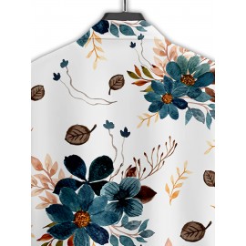 Men'S Floral Print Short Sleeve Shirt - 3D Print Blue, Orange & Brown Flowers & Leaves, Casual Summer Style with Button-Up Collar, Lightweight Polyester Fabric for Casual Attire, Floral Shirt