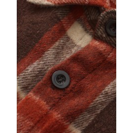 Men'S Casual Plaid Button-Up Shirt - Long Sleeve, Beige & Brown Check Pattern, Loose Fit, Lightweight Polyester Fabric, Perfect for Casual Attire