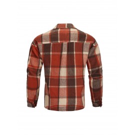 Men'S Casual Plaid Button-Up Shirt - Long Sleeve, Beige & Brown Check Pattern, Loose Fit, Lightweight Polyester Fabric, Perfect for Casual Attire