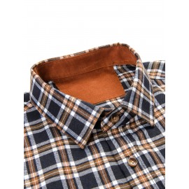 Men's Heavy-Duty Plaid Long Sleeve Dress Shirt - Winter Warmth Collar & Chest Pocket Button, Blue/White/Black/Brown Checkered Pattern, Loose Fit Casual & Formal Button-Up Coat Jacket-like Blazer (Machine Washable)