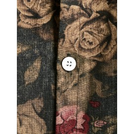 Men's Tropical Floral Print Button-Up Shirt - Short Sleeve, Black Base with Vibrant Red & Pink Roses, Casual Summer Style, Polyester Fabric, Machine Washable