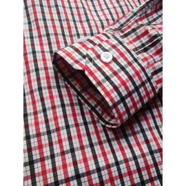 [Red Checkered Dress Shirt] Classic Red & White Checkered Men's Dress Shirt - Long Sleeve Point Collar Button-Up | Machine Washable Regular Fit for All-Season Formal & Casual Wear (CS7067)