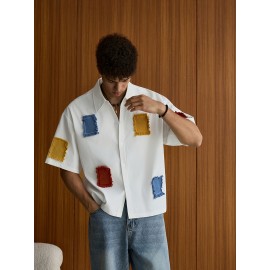 Men'S Summer Casual Color Block Patchwork Short Sleeve Shirt - Loose Fit, Button-Up Collared Blouse with Contrast Colorful Patches, Lightweight Non-Stretch Fabric for Casual Attire, Summer Casual Wear | Buttonup Shirt | Nonstretch Material