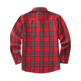 Men'S Casual Red and Green Plaid Long Sleeve Shirt - Polyester, Non-Stretch, Single Breasted, Pocket, Weekend Casual, Regular Fit