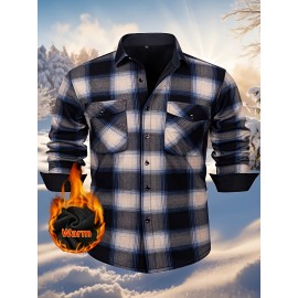 Autumn and Winter Thickened Fleece-Lined Men's Classic Outdoor Casual Home Office Wrinkle-Resistant Plaid Shirt with Multiple Pockets