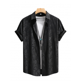 [Floral Shirt] Men's Lightweight Summer Casual Short Sleeve Shirt with Stylish Floral Print, Black & White Design, Polyester Blend, Perfect for Casual Attire, Short Sleeve Tops