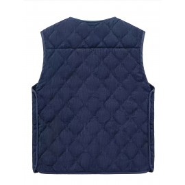 [Winter Warmth Vest] Navy Blue Quilted Corduroy Men's Winter Warmth Vest | Fleece Lining, Pockets, Button Closure | Perfect for Fall and Winter Comfort