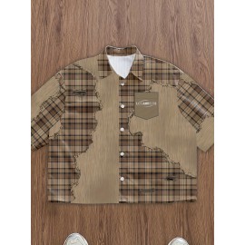 Men'S Casual Plaid Patchwork Short - Brown & White Checkered Pattern, Loose Fit Streetwear Style, Non-Stretch Fabric, Perfect for Camping & Casual Attire, Camping Apparel | Checkered Pattern Shirt | Nonstretch Fabric, Compression Shirt for Men, Gym