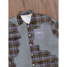 Men'S Casual Plaid Patchwork Short - Brown & White Checkered Pattern, Loose Fit Streetwear Style, Non-Stretch Fabric, Perfect for Camping & Casual Attire, Camping Apparel | Checkered Pattern Shirt | Nonstretch Fabric, Compression Shirt for Men, Gym