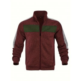 [Men's Color-Block Jacket] Color-Block Men's Knit Zip-Up Jacket | Regular Fit, Contrast Collar, Striped Design, Full-Zip Front, Ribbed Cuffs, Durable Fabric, Everyday Comfort Wear, Casual Outerwear
