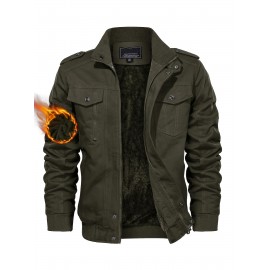 Men's Winter Fleece-Lined Cargo Jacket - Windproof Stand Collar Zipper Jacket with Ribbed Cuffs, Multi-Pockets & Soft Shell for Fall Winter Daily Wear, Outdoor Hiking Camping