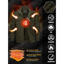 Men's Winter Fleece-Lined Cargo Jacket - Windproof Stand Collar Zipper Jacket with Ribbed Cuffs, Multi-Pockets & Soft Shell for Fall Winter Daily Wear, Outdoor Hiking Camping