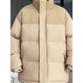 [Men's Winter Jacket] Polyester-Filled Men's Winter Jacket - Black & Casual Outdoor Warm Coat with Stand Collar, Regular Fit for Cold Weather, No Stretch Fabric