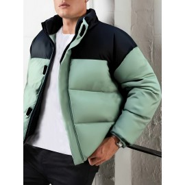[Men's Winter Jacket] Polyester-Filled Men's Winter Jacket - Black & Casual Outdoor Warm Coat with Stand Collar, Regular Fit for Cold Weather, No Stretch Fabric