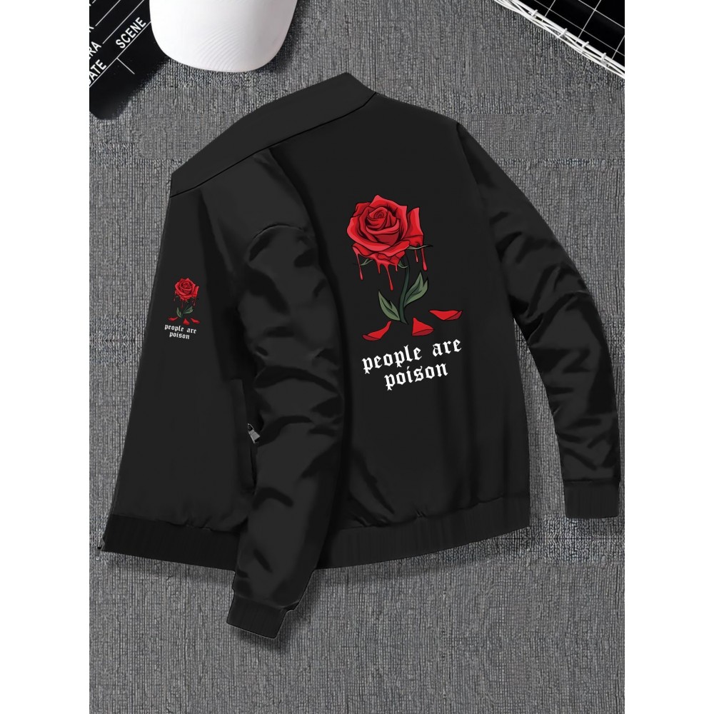Casual Varsity Jacket for Men - Knit Polyester Blend, Regular Fit, Stand Collar, Slight Stretch, Classic Rose Print Detail