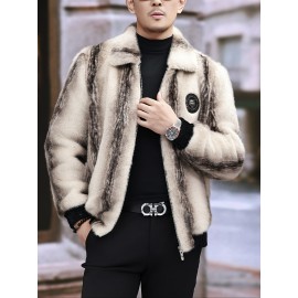 Men'S Winter Faux Fur Coat - Warm Color-Block Lapel Collar Jacket with Zipper Closure, Black & Beige Contrast Design, Regular Fit for Casual & Formal Wear, Polyester Lining, Stylish Streetwear, Faux Fur Coat