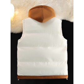 Men'S Hooded Vest - Thickened Warm Sleeveless Jacket with Zipper Closure, Red & Color Block Design, Polyester Lining, Casual Style for Cold Weather, Unisex Couple'S Outerwear, Multiple Colors Available, Winter Vest, Cold Weather Apparel