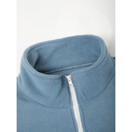 Men'S Casual Geometric Color Block Fleece Sweatshirt Jacket, Polyester Knit Fabric, Regular Fit, with High Neck and Medium Stretch, for All-Season Pullover