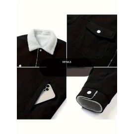 Men's Sherpa Lined Corduroy Jacket with Fleece Collar - 2024 Autumn Winter Casual Warm Thickened Polyester Button-Up Coat