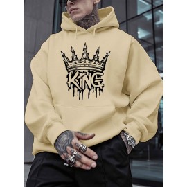 Men'S Casual King Crown Print Hoodie, 100% Polyester Long Sleeve Sweatshirt, Winter Knit Fabric with Slight Stretch, Regular Fit Hooded Top, 200g/m² - Trendy American Style Clothing Gift