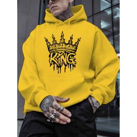 Men'S Casual King Crown Print Hoodie, 100% Polyester Long Sleeve Sweatshirt, Winter Knit Fabric with Slight Stretch, Regular Fit Hooded Top, 200g/m² - Trendy American Style Clothing Gift