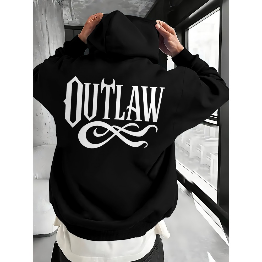 Men's OUTLAW Graphic Hooded Sweatshirt - Black with White Bold Lettering, Heavyweight 300gsm Pullover Hoodie, Casual Winter Warmth, Machine Washable, Streetwear & Outdoor Wear with Chest Pocket & Adjustable Hood