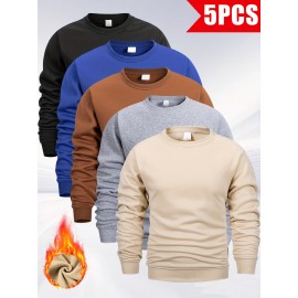 5pcs Men'S Fleece Crew Neck Sweatshirts - Solid Color Long Sleeve Pullover Set, Beige, Gray, Green, Navy Blue, Black - Ideal for Casual Wear, Outdoor Activities, Hiking, Gym, Travel, Hiking Apparel|Casual Style|Comfortable Fit, Sweater Set