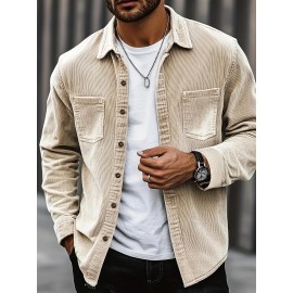 [Men's Corduroy Shirt Jacket] Bohemian Corduroy Shirt Jacket - Men's Solid Color Relaxed Fit Long Sleeve with Chest Pockets, Classic Collar & All-Season Versatile Style for Casual & Formal Wear, Durable Fabric