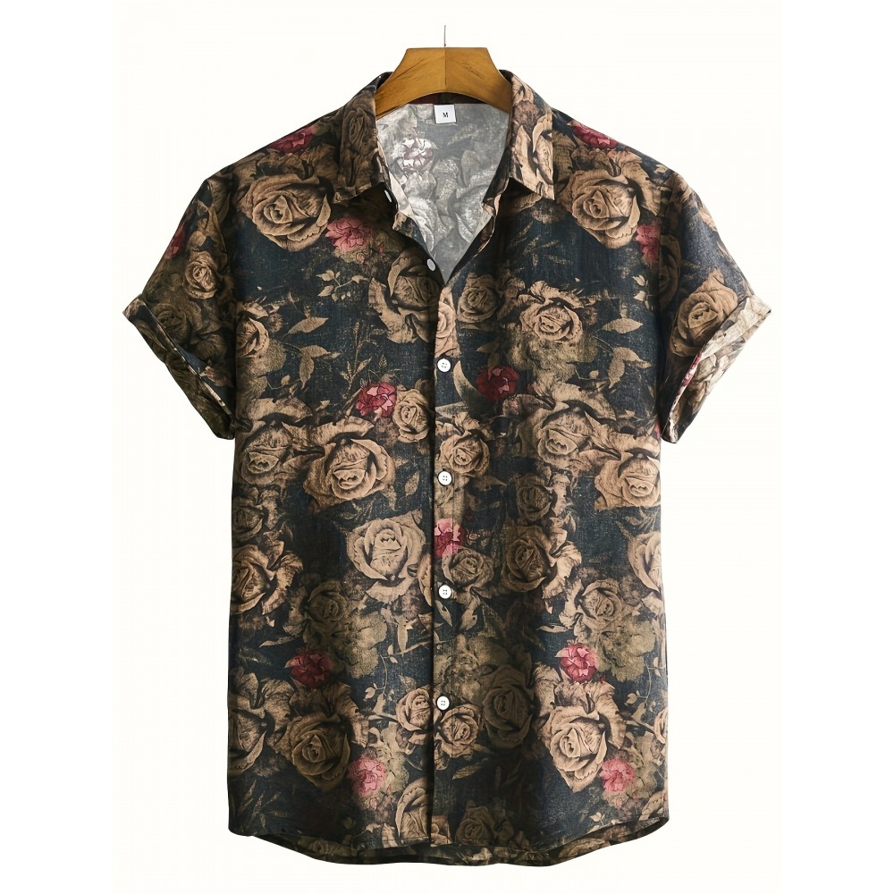 Men's Tropical Floral Print Button-Up Shirt - Short Sleeve, Black Base with Vibrant Red & Pink Roses, Casual Summer Style, Polyester Fabric, Machine Washable