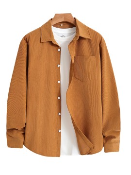 Men'S Vintage Corduroy Shirt - Olive Green Button-Up Collar Long Sleeve Casual Shirt with Chest Pocket, Regular Fit for Fall/Winter, Casual Attire|Vintage Shirt, |corduroy Texture, Corduroy Shirt, Button Up Shirt For Men, Long Sleeve Shirt For Men