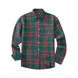 Men'S Casual Red and Green Plaid Long Sleeve Shirt - Polyester, Non-Stretch, Single Breasted, Pocket, Weekend Casual, Regular Fit