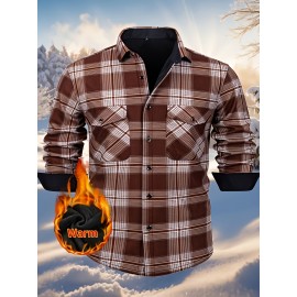 Autumn and Winter Thickened Fleece-Lined Men's Classic Outdoor Casual Home Office Wrinkle-Resistant Plaid Shirt with Multiple Pockets