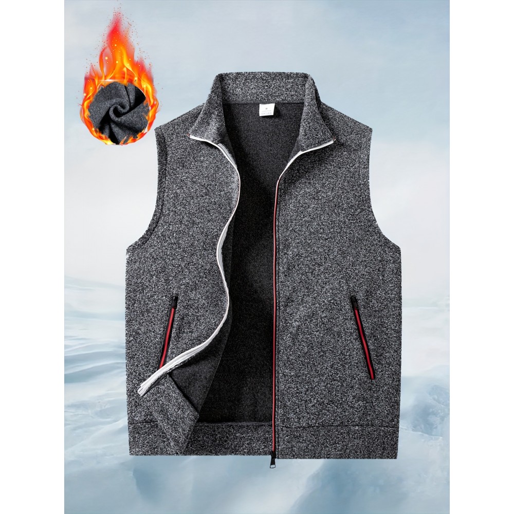 Men'S Cozy Fleece-Lined Sleeveless Vest - Maroon Zip-Up with Pockets, Retro Casual Style, Warm & Comfortable for Fall/Winter, Versatile Outdoor & Sporty Wear, Winter Vest, Sporty Vest, Minimalist Design, Soft Texture