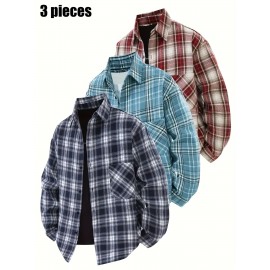 3pcs Men'S Scandinavian Vintage Plaid Shirt Set - Loose Fit, Breathable Rayon, Long Sleeve with Button-Up Design, Perfect for Fall & Spring Casual Wear, Casual Wear Shirts|Vintage Plaid Shirt|Asymmetrical Hemline, Thick