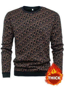 Men's Thermal Fleece-Lined Crewneck Sweatshirt - Thick Winter Warmth with Bold Letter Graphic, Soft Casual Long Sleeve Pullover, Machine Washable Cold Weather Gift for Him, Winter Sweaters, Cold Weather Apparel, Stylish Pullover