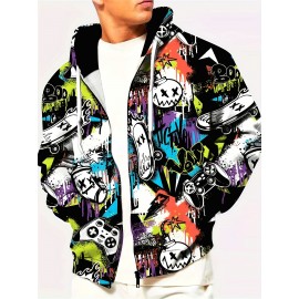 [1pc Men'S Novelty Hooded Jacket] 1pc Men'S Novelty Hooded Jacket, Casual Geometric Pattern Knit Polyester Fiber, Regular Fit Spring/Autumn Outerwear with Zip Closure