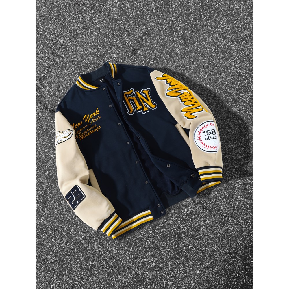 Men'S Navy Blue & White Patchwork Baseball Jacket - NY Logo & Letter Print, Snap Closure, Long Sleeve, Regular Fit with Pockets for Casual Streetwear, Baseball Jacket, Durable Fabric