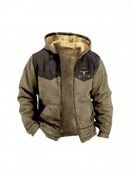 Men's Retro Full-Zip Hooded Sweatshirt - Fleece-Lined Winter Jacket with Contrast Color Block Design, Vintage Print & Machine Washable Polyester for Casual Outdoor Wear, Sweater Hoodie, Cold Weather Apparel, Classic Zipup Style, Fleecelined Comfort