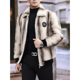 Men'S Winter Faux Fur Coat - Warm Color-Block Lapel Collar Jacket with Zipper Closure, Black & Beige Contrast Design, Regular Fit for Casual & Formal Wear, Polyester Lining, Stylish Streetwear, Faux Fur Coat