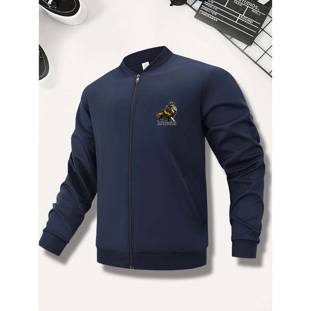 [Sporty Zip-Up Jacket] Rasta Colors Men's Lion Graphic Print Zip-Up Jacket | Machine Washable Regular Fit Outerwear, Sporty Casual Stand Collar Winter Coat, Autumn Apparel, Ethiopia Text